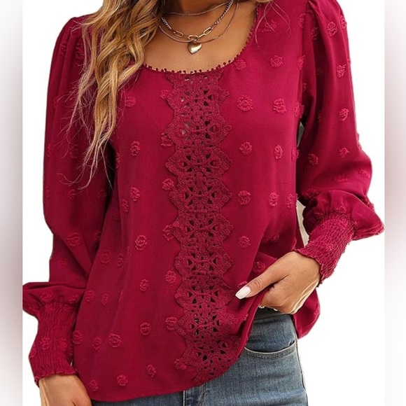 Tops - Women's Lace Crochet Crewneck Swiss Dots Long Sleeve Office Blouse Top Shirt